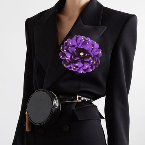 Image of Elegant Large Rose Flower Brooches Lapel Pins Handmade Dainty Satin Fabric Pearl Brooches Big Camellia Flower Brooch Pin for Women Wedding Part Dance Dress Suit Clothes Accessories Prom Jewelry
