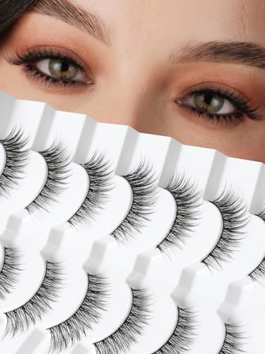 Lashes False Eyelashes Natural 14mm Cat Eye Lashes Strip Lashes Thin Band False Lashes 3D Volume Lashes Wispy C Curl Fake Eyelashes 7 Pair Siligli