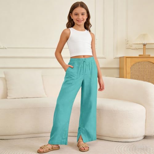 Image of Girls Linen Pants Wide Leg School Uniform Pants Cozy Elastic Waist Summer Casual Beach Lounge Trousers with Pockets