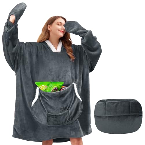 yescool Wearable Blanket Hoodie for Women - Oversized Sherpa Fleece Warm Sweatshirt Blanket with Sleeves and Huge Pockets Cozy Grey Hooded Blanket Gifts for Adult Mom Men Teen