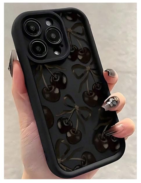 Image of COVERLY Cute Cherry BowKnot Back Case Cover for iPhone 12 Pro | Hot Midnight Black Ribbon Bow Fruit Design | Camera Lens Protection | Soft Silicone Aesthetic Cover for Girls & Women (Black,Shockproof)