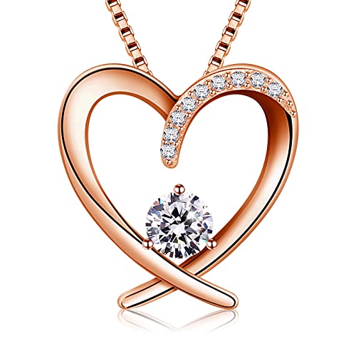 Jewlldeen Necklace for Women, 925 Sterling Silver Heart Pendant, Rose Gold Cubic Zirconia Jewelry, for Girlfriend/Her/Friend,18''