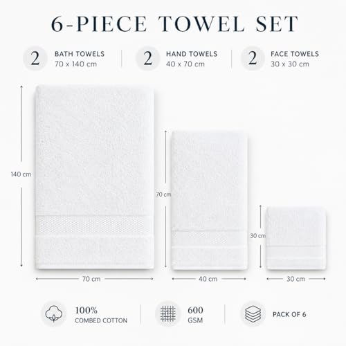 Image of Sulfar 100% Combed Cotton, 6 Pcs Towel Set - 2 Bath Towels (70 x 140 cm), 2 Hand Towels (40 x 70 cm) and 2 Face (30 x 30 cm) (600 GSM, Pack of 6) White