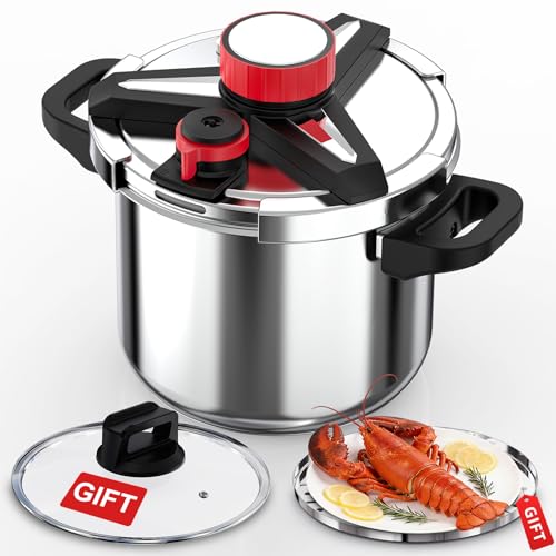 Image of 18/8 Stainless Steel Pressure Cooker 10 Quart, [One-Hand Locking] Pressure Cooker, [3-In-1] Olla de Presion, Induction Compatible, Gas Stovetop Compatible,Includes Glass Lid & Steamer Rack
