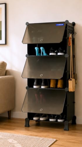 Image of BOXJOY 6 Shelf Black Shoe Rack with 3 Doors, 5 Hook Steel Holder & Wooden Hammer Home Storage PP Plastic Organizer with Metal Door Frame and Foots for Chappal Slipper Sandals Shoes Box Stand
