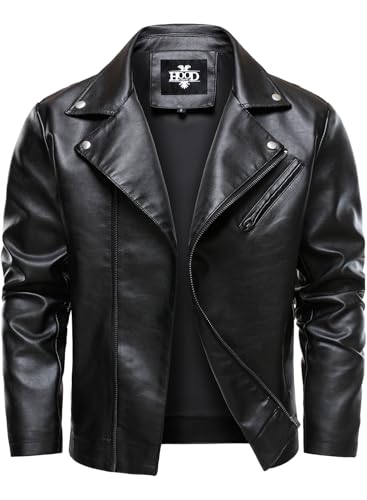 HOOD CREW Men’s Faux Leather Jacket Cool Motorcycle Lapel Biker Jackets Zip Up Riding Coat Black XL