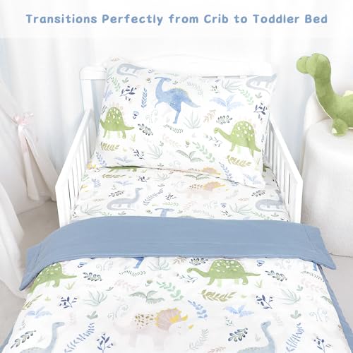 Image of Pea Pod Muslin Toddler Bedding Set 3-Piece - Soft Breathable Crib Bedding with Fitted Sheet, Quilt & Pillowcase for Infant & Kids Bed | Machine Washable Nursery Bed Set (Dinosaur)