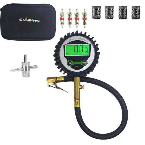 Image of SUVCARMPING 250 PSI Digital Tire Pressure Gauge, Heavy Duty Air Pressure Gauge with Backlight LCD (±1% Accurate), Professional Tire Gauge Kit with 4-Way Valve Tool Valve Caps Cores for Car Truck, Bike