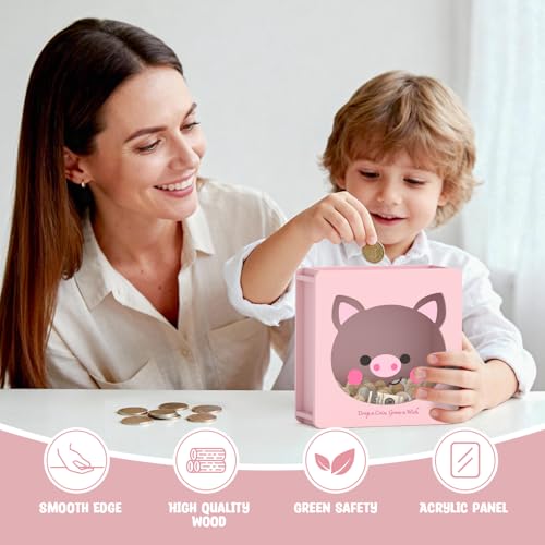 Image of Summidate Wooden Money Saving Box, Clear Window Cash Vault Savings Box with DIY Stickers, Reusable Personalized Piggy Bank for Kids & Adults, Birthday /Baby Shower /Wedding Gift