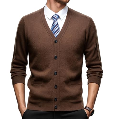Autumn and Winter Men's 100% Wool V-Neck Button Cardigan Warm Sweater with Pockets