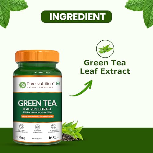 Image of Pure Nutrition Green Tea for Weight Loss | Green Tea Leaf Extract 500mg | 90% Polyphenols & 45% EGCG | Fat Cutter Supplements | Antioxidant Support | Energy & Metabolism Support | Skin & Heart Health Support - 60 Veg Capsules