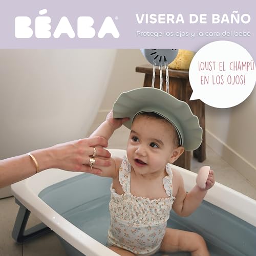 Miniatura 4 de Béaba, Visera De Baño, Gorro De Baño, Tamaño De La Cabeza Ajustable, 5 Posiciones, Protección Para Ojos Y Oídos, Silicona Suave Y Flexible, Gris Verde