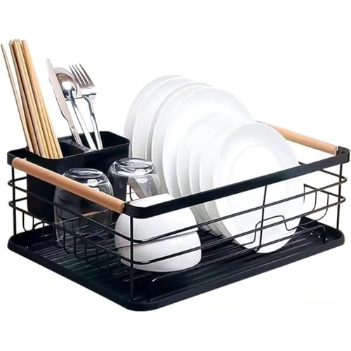 Dearolling箸ホルダー付き 水切り 平皿 食器洗い ステンレス おしゃれ 大容量 平皿置き キッチン収納 自然乾燥可能 (大型,ブラック)