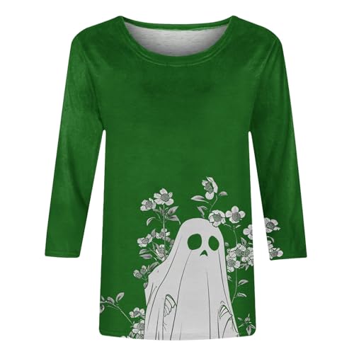 Camiseta feminina gola redonda manga 3/4 comprimento fantasma férias Halloween kawaii engraçado cami