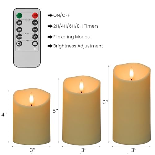 Image of Flickering Flameless Candles with Remote,Battery Operated Candles with Timer,LED,3 Pillar Fake Candles,D3 inchx H4 inch5 inch6 inch
