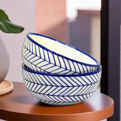 Image of KITTENS Ceramic Bowls 350ml - Set of 2 - Blue Arrow Pattern | Handcrafted Serving Bowls | Microwave & Dishwasher Safe | Ideal for Soup, Pasta, Cereal, Maggi, Dessert & Breakfast