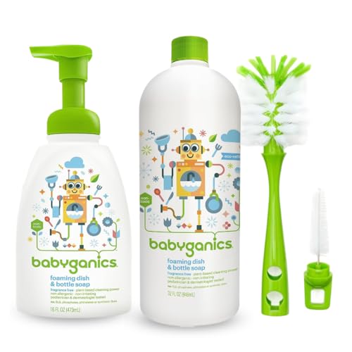 Image of LuxProdX Baby ganics 16 Ounce Dish Dazzler Foaming Dish and Bottle Soap with Refill Kit BUNDLED with Two (2) Bottle Brushes BONUS