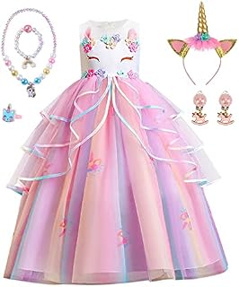 TOLOYE Dress Up for Girls,Princess Unicorn Costume Dress Up, Princess Girl Dress with Headband Necklace Set, Kids Fancy Dress for Party Birthday Bridesmaid Pageant Carnival Cosplay 3-4 Years