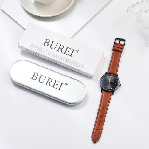 Image of BUREI Men's Fashion Minimalist Wrist Watch Analog Date with Leather Strap