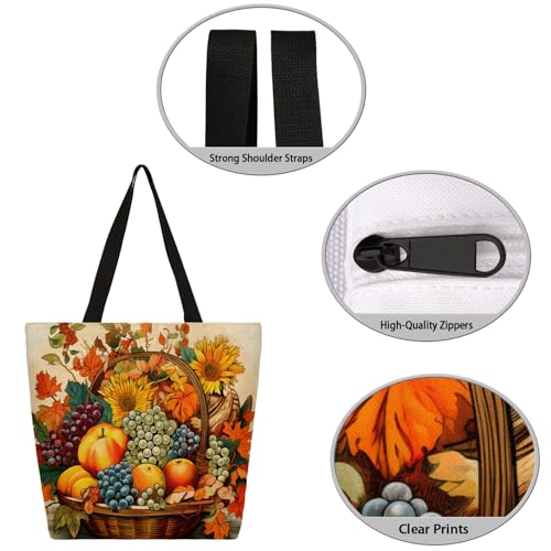 Fruit Basket Apples Grapes Sunflowers Large Capacity Canvas Tote Bag Stylish Handheld Shoulder Bag Reusable Shopping Bag for Work Travel Beach Trips Shopping3