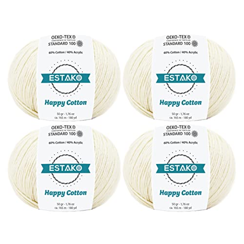 Estako Happy Cotton 60% Cotton 40% Acrylic Yarn, Sport 2, Cream, 4-Pack