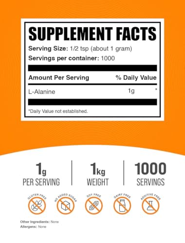 Image of BulkSupplements.com L-Alanine Powder - Amino Acid Supplement, Alanine Supplement - Unflavored & Gluten Free, 1g per Serving, 1kg (2.2 lbs) (Pack of 1)