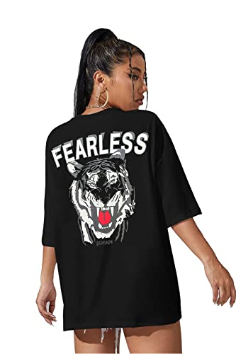Image of LEOTUDE Women's Cotton Oversized Fit Short Sleeve with Round Neck, Oversized Longline Drop Shoulder, Back Printed T-Shirt