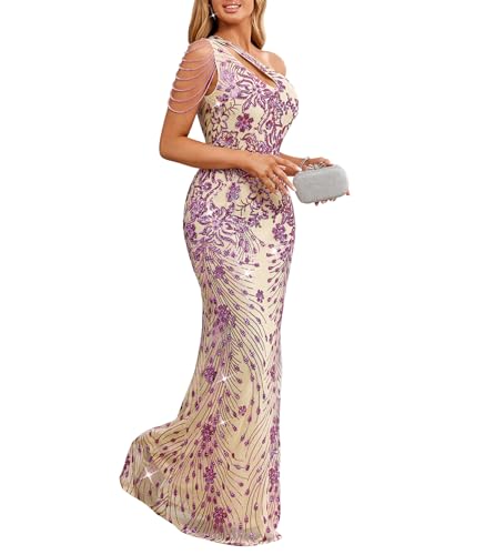 Image of Cololura Women Sequin Elegant Sexy One Shoulder Tassel Mermaid Bodycon Cocktail Evening Dress
