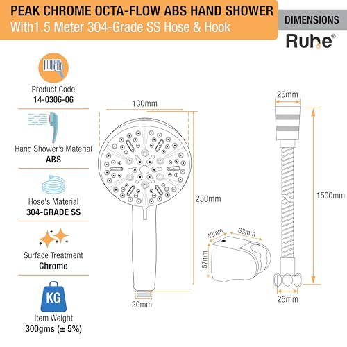 Image of Ruhe Peak Multi-Functional Octa-Flow Modes ABS Hand Shower with 1.5 Meter 304-Grade Stainless Steel Hose & Hook, Chrome Finish