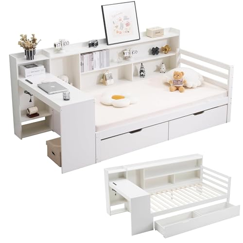OSLEEP ベッドフレーム 木製 シングル 子供用 引き出し収納 宮付き コンセント付き 耐荷重150KG システムベッド ロータイプ すのこベッド コンパクト 子供部屋 大人用 省スペース 一人暮らし 新生活 (デスク付き, シングル)