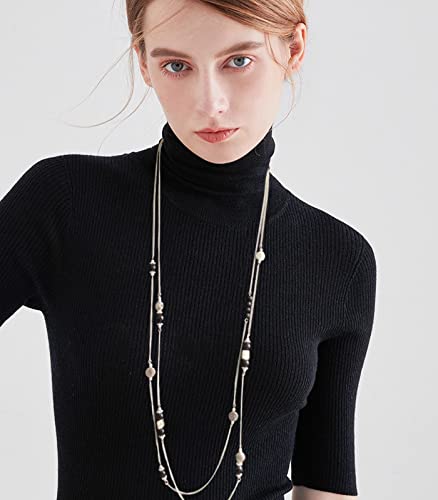 Bulinlin Layered Silver Long Necklace For Women Turquoise Stone Beaded Strand Sweater Chain Necklaces Fashion Costume Jewelry Gifts For Mom(Black) #TOP2
