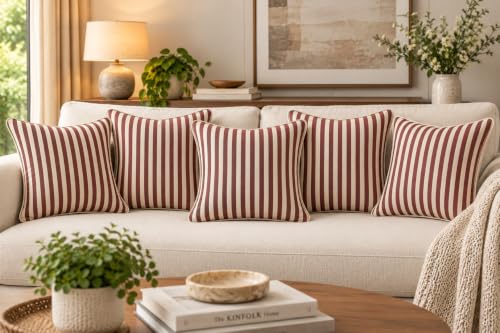 Image of 100% Cotton - Wine /Maroon Stripes Cushion Covers Set of 5 (16 x 16 inches) - Cushion Covers for Sofa & Living Room Decor