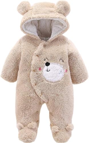 Baby sparkdräkt, nyfödd unisex baby vinter overall sparkdräkt med huva med footies hatt fleece allt-i-ett snödräkt kläder flanell bodysuit, Khaki, 6 Months