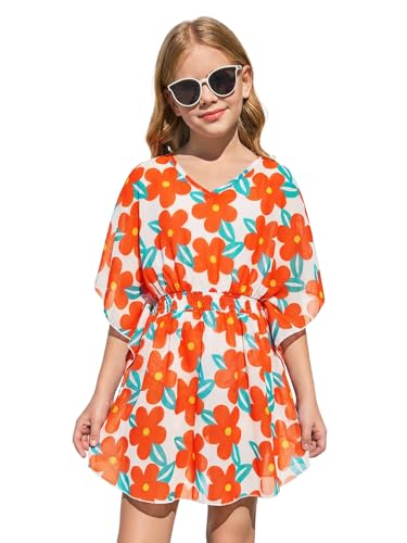 Image of Haloumoning Girls Chiffon Swim Beach Cover Up Kids Cute Elastic Waist Printed Bathing Suit Coverups 5-14 Years