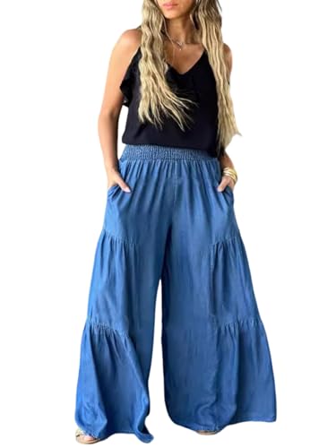 utcoco Women's Casual Baggy Ruffle Wide Leg Jeans Stretch High Waisted Denim Pants Comfy Lounge Trousers