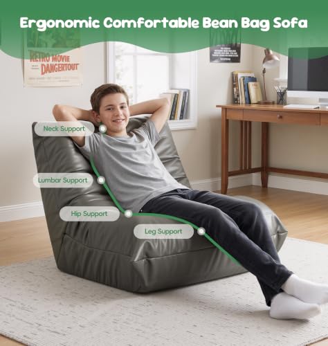 Image of Hobestluk Small Bean Bag Chair Leather Beanbag Lazy Floor Sofa Bean Bags with Memory Foam Filled Waterproof Lounge Sofa Armless Chair for Bedroom Playroom Dorm and Reading (Grey, Medium)