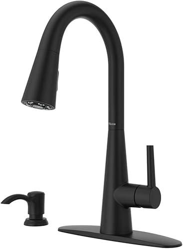 Pfister Barulli F5297BARB - Grifo de cocina con rociador desplegable y dispensador de jabón, mango único, arco alto, acabado negro mate, F5297BARB