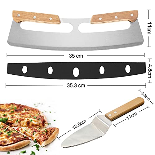 Pizza Cutter - Large Metal Pizza Slicer with Protective Cover & Wooden Handle + Cake Server Shovel, Stainless Steel Kitchen Set, Oven Accessories Tools for Homemade Baking Dough Bread BBQ (14 inch) - Image 2