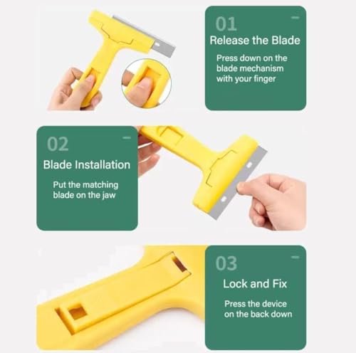 Image of Inditrust Razor Portable Scrapper and 3 Blade with ABS Plastic Handle Tool to Remove Silicone & Paint Stains Floor Tile Grout Remover Mirror Glass Window Cleaning Device Wiper Scraper, Yellow