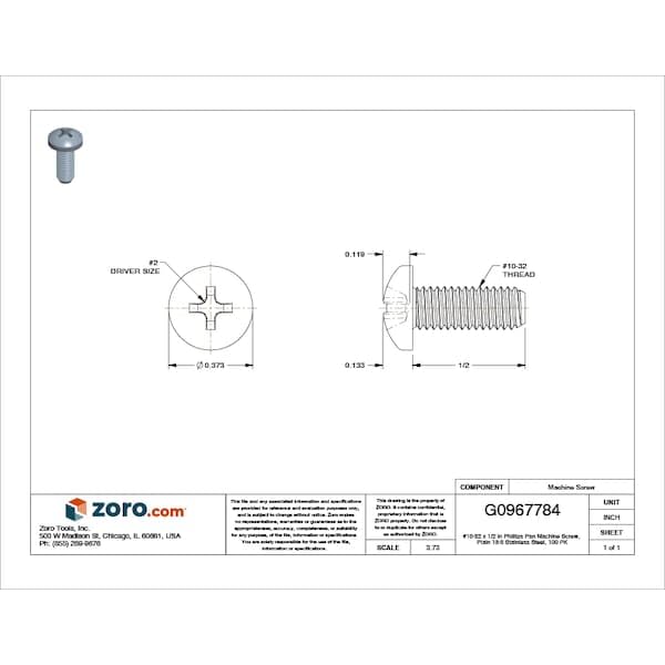 Mach Screw, Pan, 10-32 x 1/2 L, PK100
