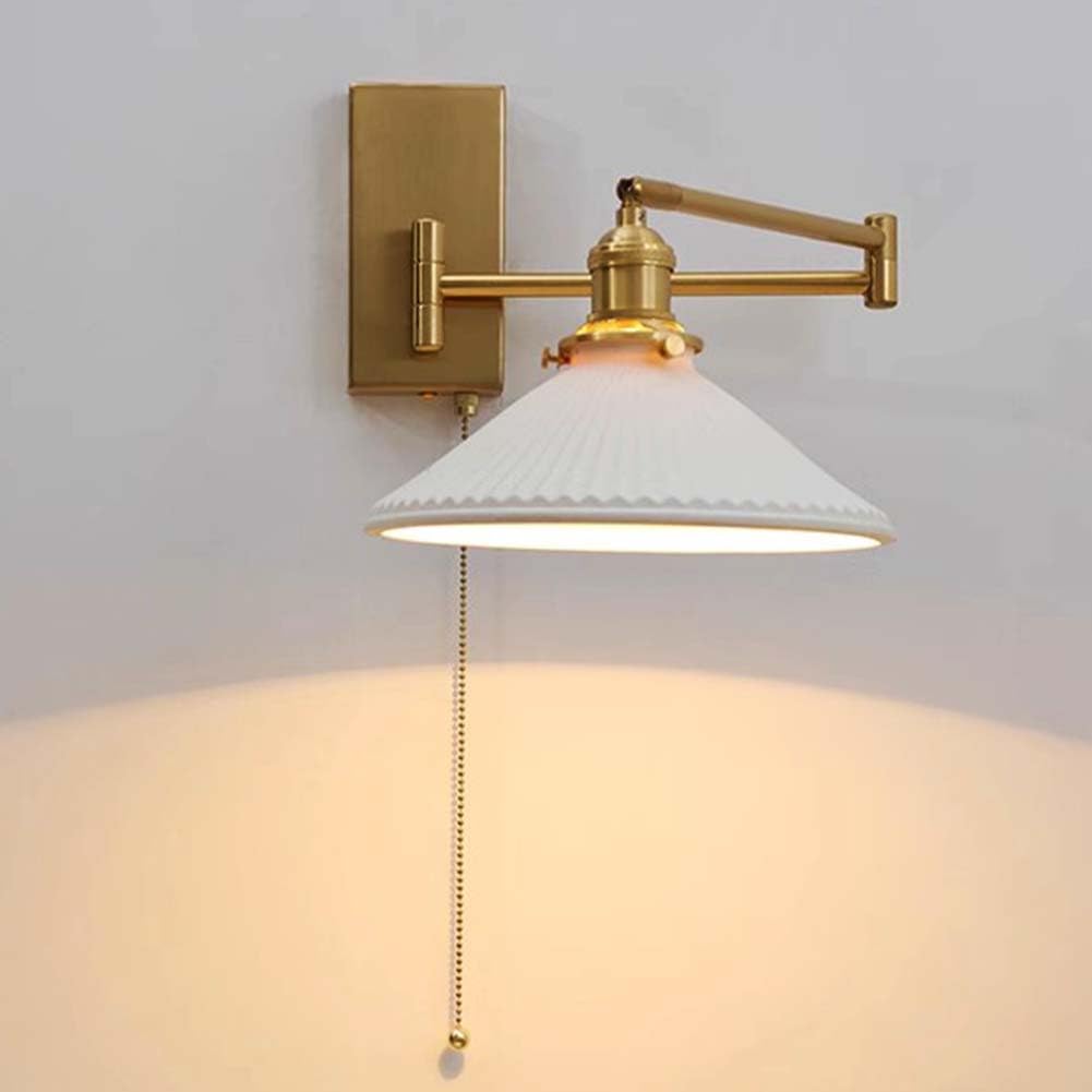 Vintage Industrie Wandleuchte mit Schalter Innen Wandlampe Keramik Lampenschirm Leselampe Gold Faltbar Wandbeleuchtung mit Schwenkbarem Arm Nachttischlampe E27 Fassung für Wohnzimmer Schlafzimmer
