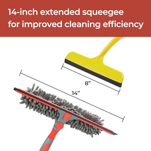 Image of Window Squeegee Cleaning Tool with 63 inch Long Handle, 14 inch Streak-Free Blade, Machine Washable Microfiber & Chenille Pads, Rotatable Head for Glass, Mirrors, Shower, Car, High Windows