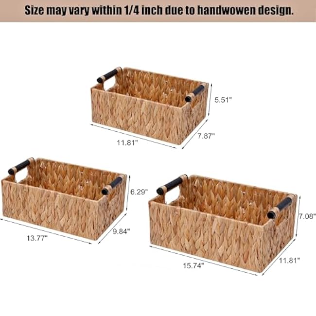 Wicker Storage Basket Shelf Bakets Hand-Woven Water Hyacinth Woven Storage Basket with Wooden Handles,Nested Organizer Container with Built-In Carry Handles,3 Pack