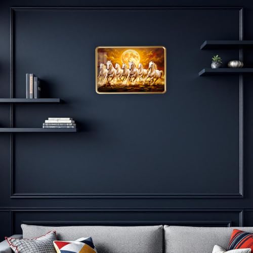 Image of Dharvika Innovations 7 Running Horses Photo Frame, Ultra High Gloss Lamination, Vastu Painting for Living Room, Office, 12x18 Inch (Design 10)