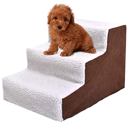 Cute 3 Steps Pet Stair - Removable Cover, for Dogs and Cats, Slip Resistant, High Bed in Beige, 11.7
