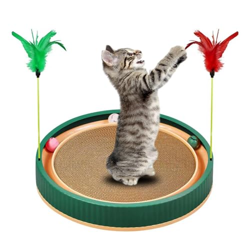 20-Inch Round Cat Scratcher with Ball Track – 3-in-1 Cardboard Scratching Pad with Feather Toy & Non-Slip Base – Interactive Cat Toy for Indoor Cats, Kittens & Large Cats (Green)