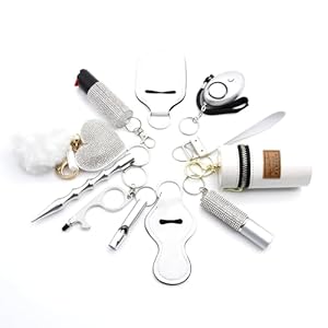 12-teiliges Selbstverteidigung Set - Sicherheit Schlüsselanhänger für Damen - Tierabwehrspray Kubotan Schrill Alarm Taschenlampe Pfeife u. m. (Weiß)