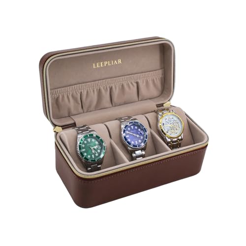 Leepliar 3 Watch Travel Case, 3-Slot Mens Watch Case, Watch Box for Men, Watch box Organizer,Watch Storage Watch Holder Organizer for Men,Brown