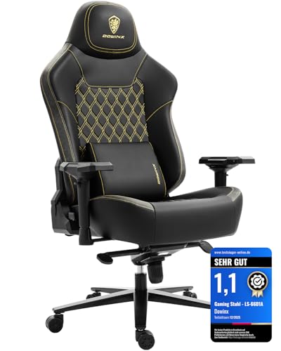 Dowinx Gaming Stuhl 200kg Belastbarkeit Chefsessel, Ergonomischer Bürostuhl mit 4D Armlehnen und Lendenwirbelstütze, Höhenverstellbarer Gaming Chair für Gamer und Esport Schwarz