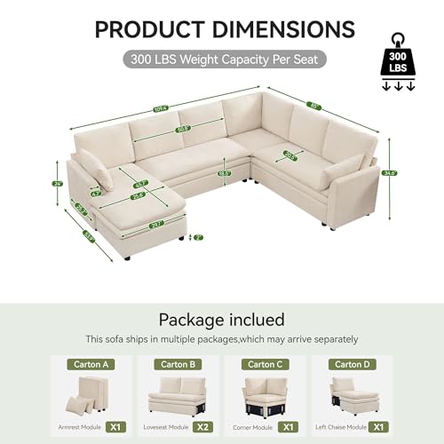 Image of 110 inch Sectional Couches with Left Chaise, Comfy Deep Dual-Layer Cushion Couch, 7 Seater U Shaped Couch, Modern Modular Sofa, Chenille Sofas for Living Room, Apartment, Beige
